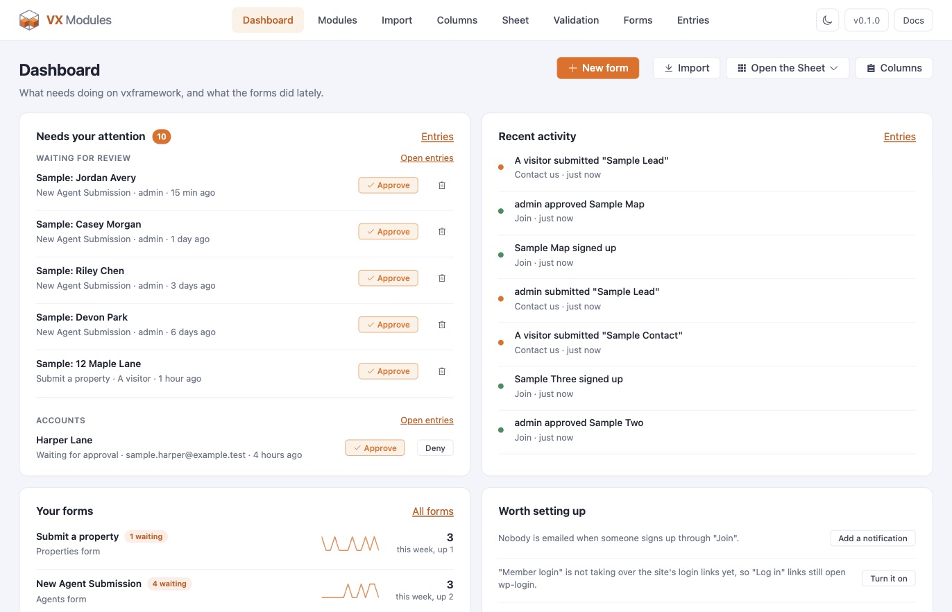 The dashboard: items needing attention with approve buttons, recent activity, per-form activity, and setup nudges.