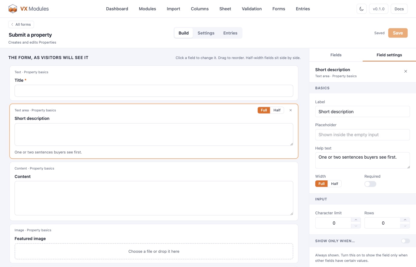 The form builder: fields on the left as visitors will see them, the selected field's settings on the right.