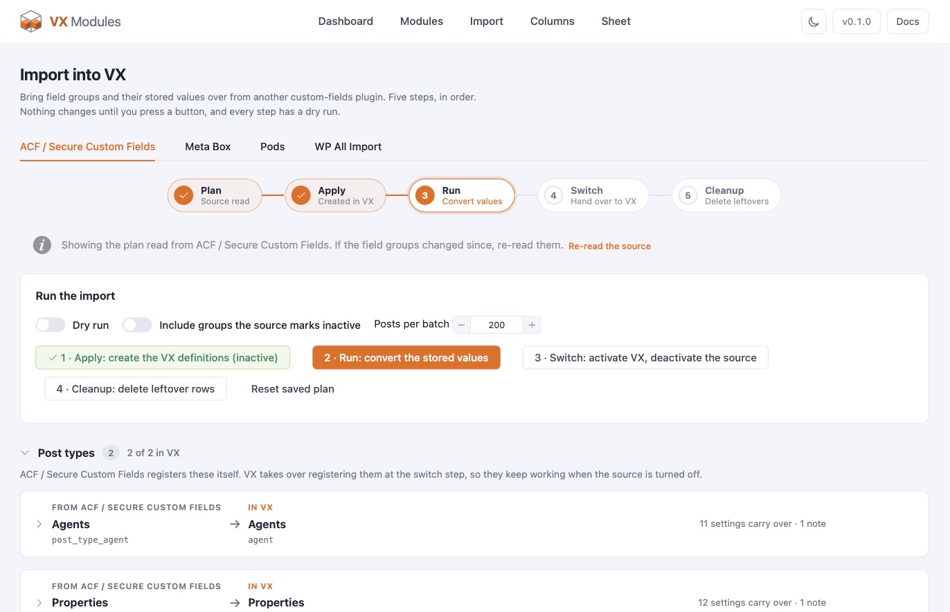 The Import screen: the plan for moving ACF field groups into VX.