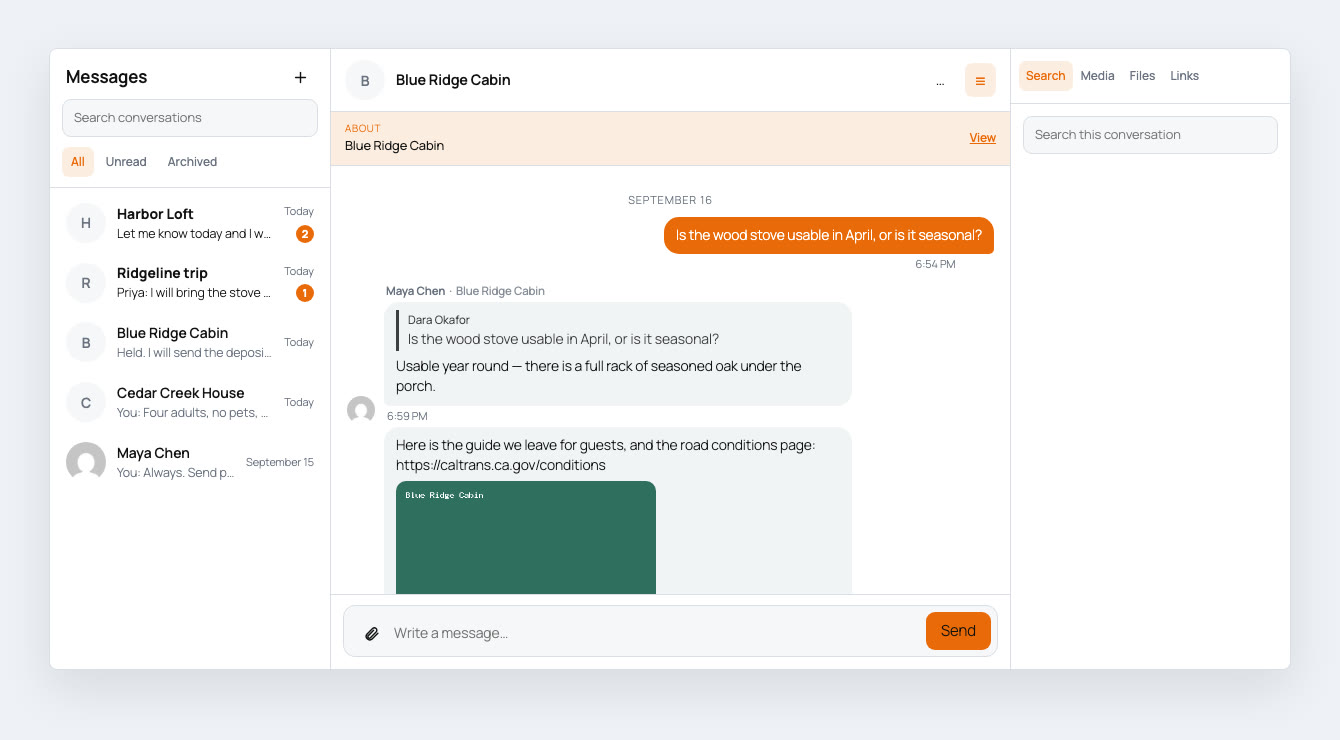 The messenger: conversations on the left, the open conversation in the middle, and its files, links and search on the right.