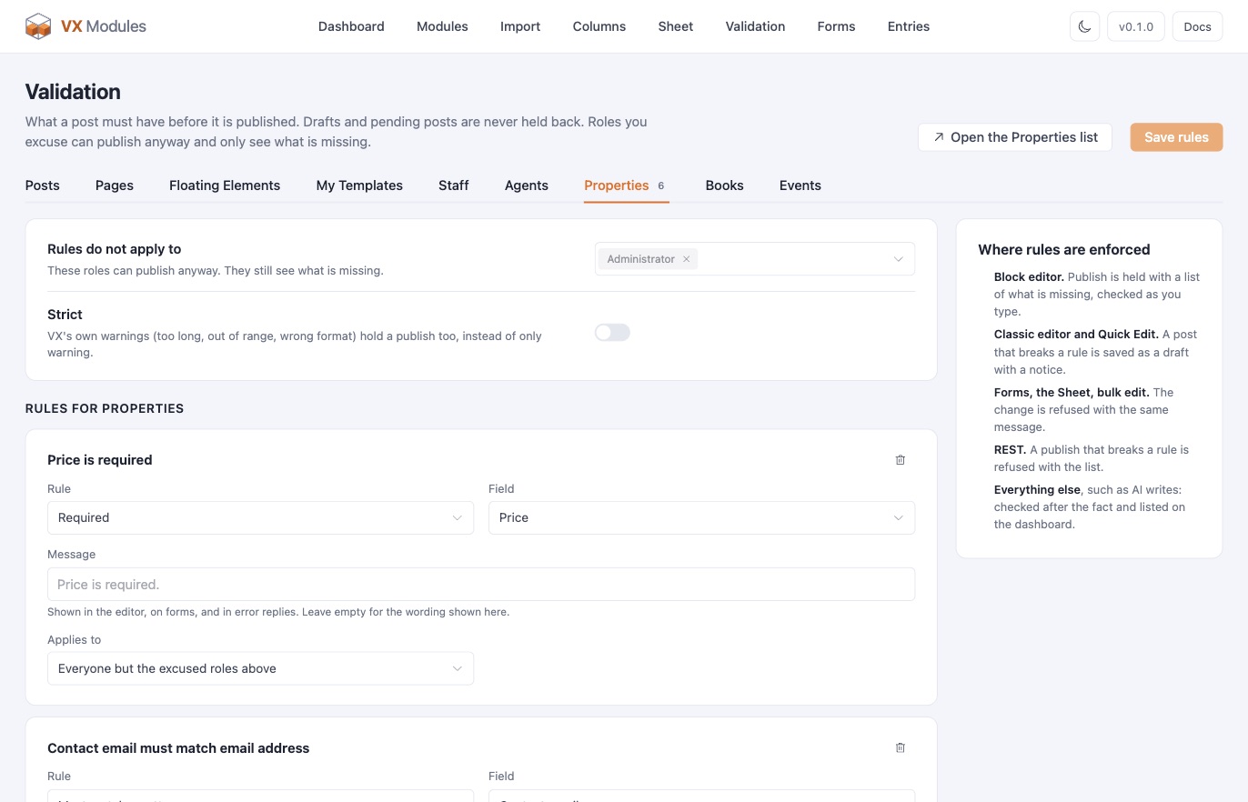 The Validation screen: excused roles, a strict switch, and the rules for Properties.